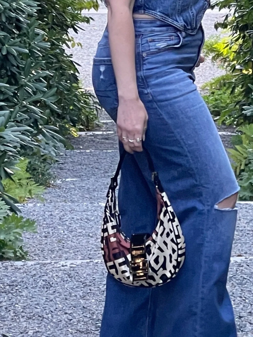 Fendi Monogram Hobo Shoulder Bag in Black, White & Burgundy